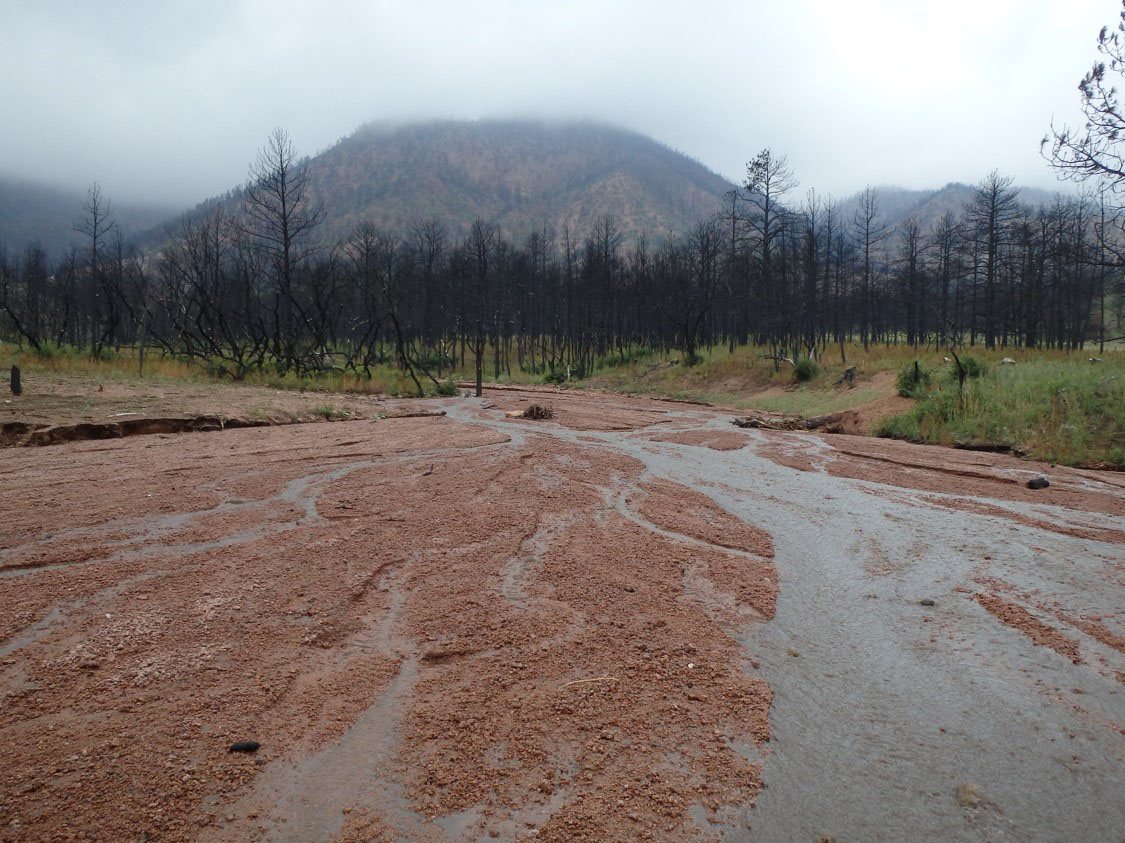 North Douglas Creek following the first flows that filled the debris basin with sediment and created the desired braided channel on the fan surface